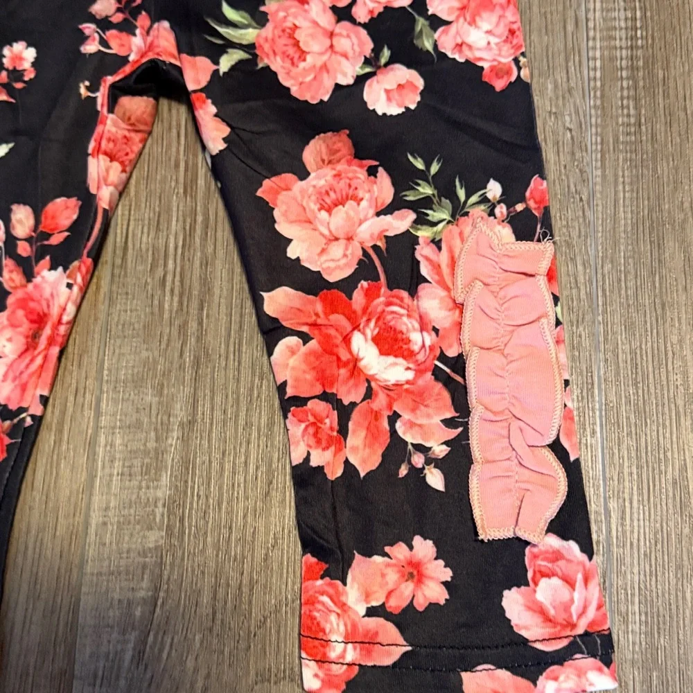 Black Floral Ruffle Detailed Girls Pants